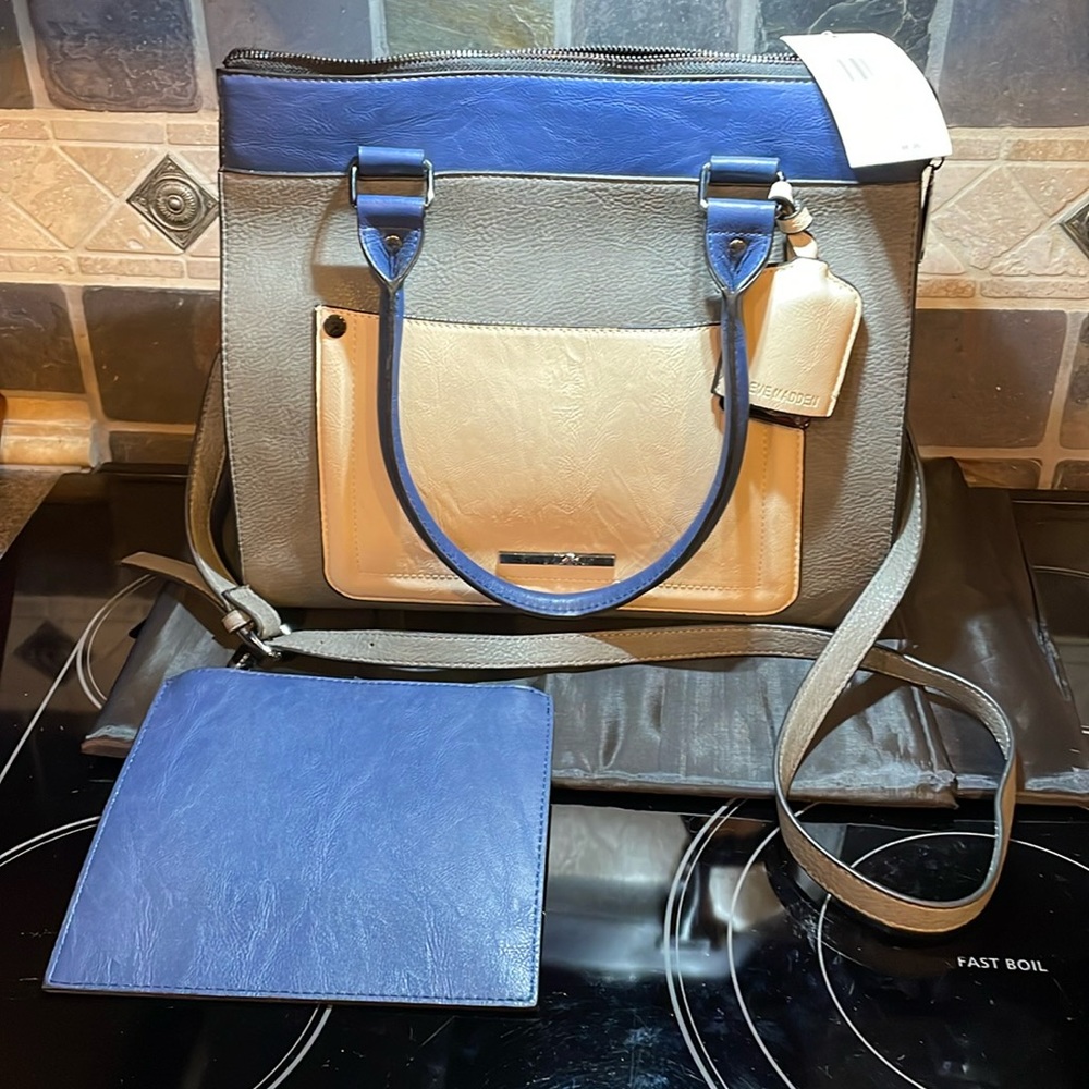 NWT Steve Madden shoulder bag/crossbody/tote multicolored large blue/gray/tan